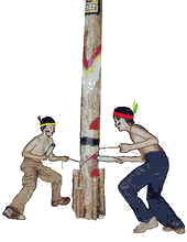 2 red Indians fight with a black knife (foam isolation tube) against each other.
