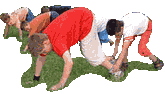 The team makes a line in the press-up position. The feet of the person in front are placed on the shoulders of the person behind. The race can begin.