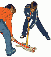 2 players place a box over their heads. Like in housewife hockey, each player must try to shoot a puck in the opponents goal.