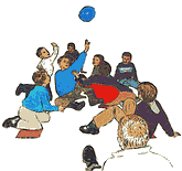 The players are however sitting on old cut-offs of carpet and try to bring a balloon into the opponent’s goal.