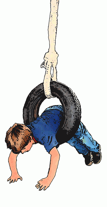 Players must slip through a tire which is secured to a branch.
