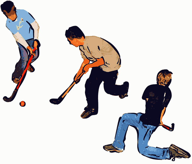 The group members join in teams of four and play a hockey match against each other.